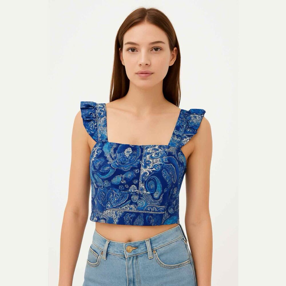 NWT Angie Boho Blue and Purple Ruffled Crop Tie Back Tank Top